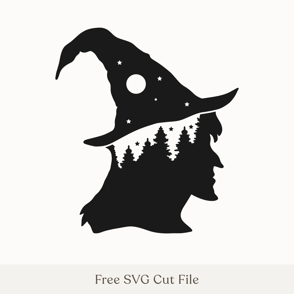 Witch Silhouette With Moon and Pine Forest